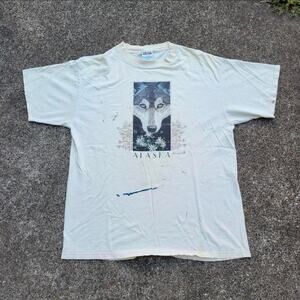 Vtg 90s ALASKA Wolf Face Flowers Graphic Paint Splatter Nature Tee Shirt XL